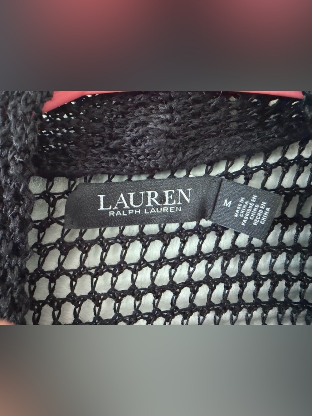 Lauren Ralph Lauren Pointelle-Knit Black Open-Knit Fringe Cardigan, Medium - Picture 6 of 9
